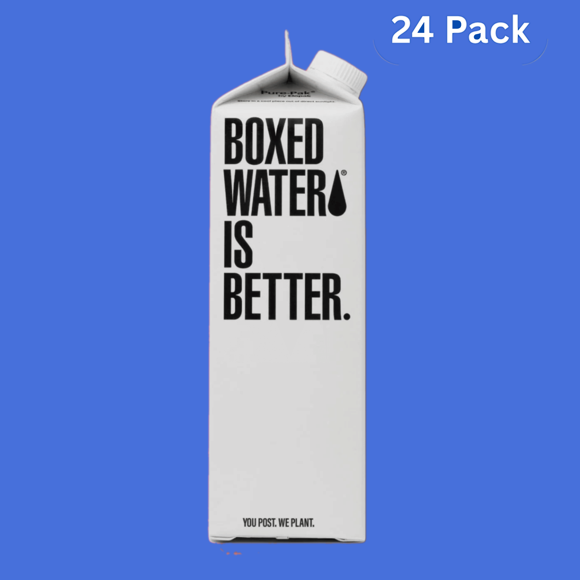 Boxed Water 24-pack on solid navy background